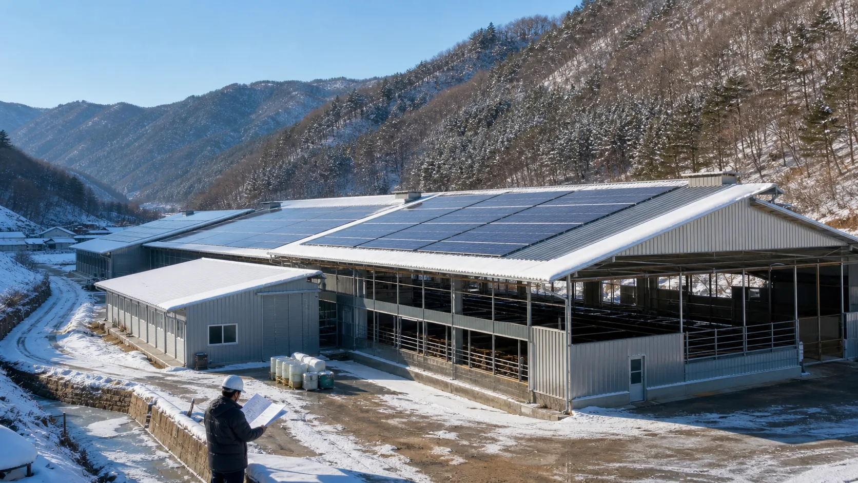 홍천군 산지 농촌의 적설 환경 축사 지붕 태양광 검토 예시 이미지