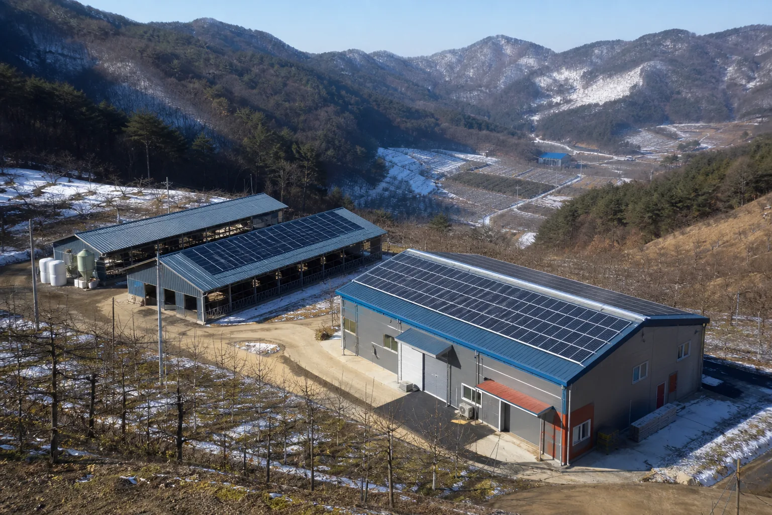 봉화군 설경의 과수창고와 축사 지붕 태양광 설치 검토 예시
