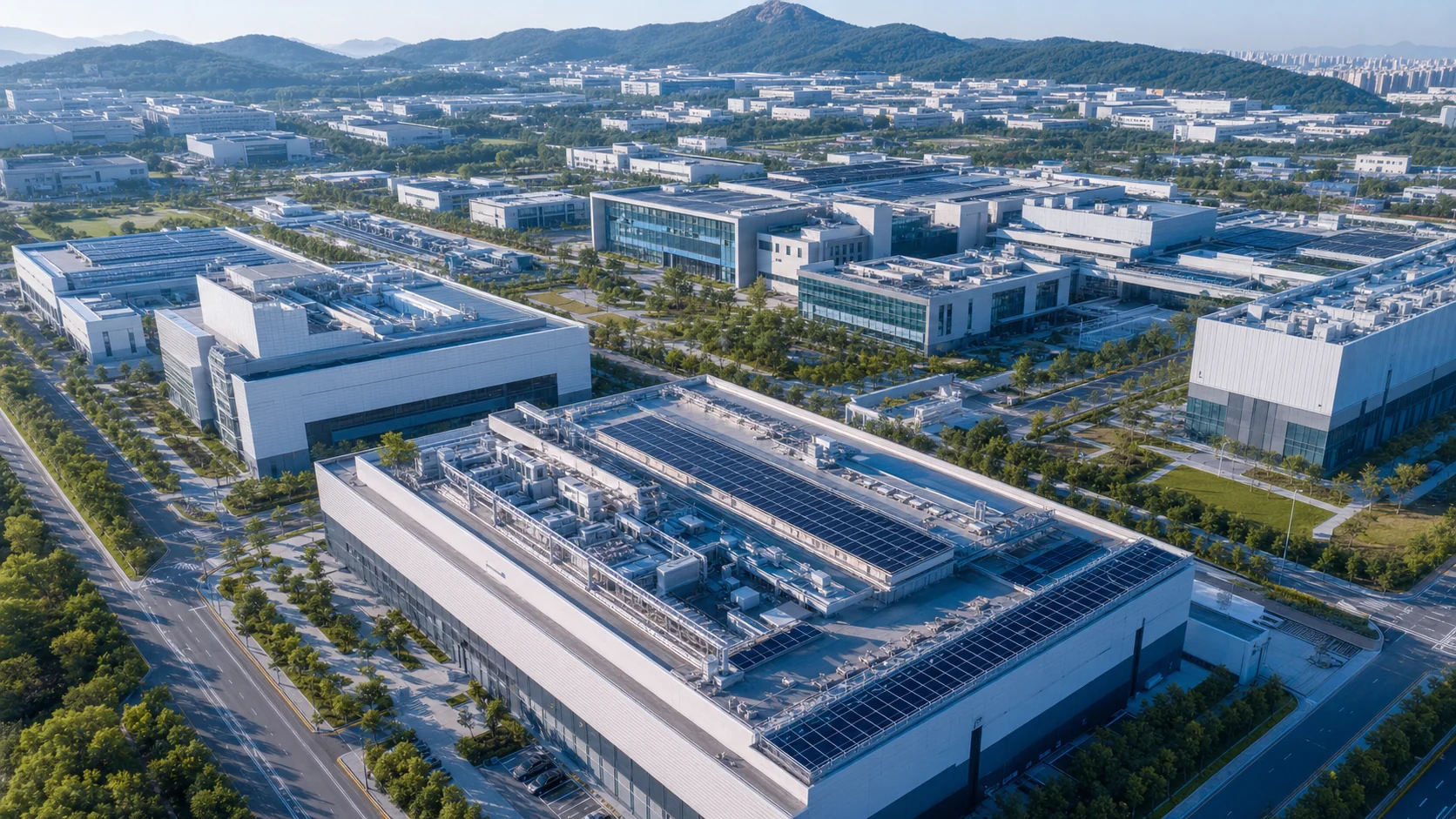 전남광주통합특별시 북구 월출동 광주첨단과학국가산업단지 광통신·LED제조연구동 지붕 태양광 설치 검토용 개념 이미지