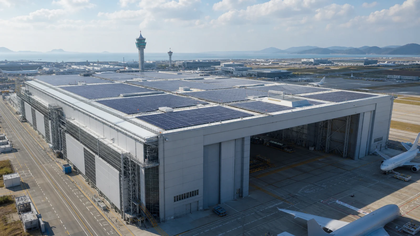인천광역시 중구 운서동 인천공항 첨단복합항공단지 항공기정비·MRO격납고 지붕 태양광 설치 검토용 개념 이미지