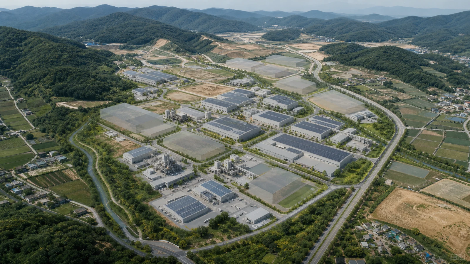 공주시 유구읍 석남리 유구스마트일반산업단지 예정지 비금속광물·스마트제조 신축 계획지붕 태양광 설치 검토용 개념 이미지