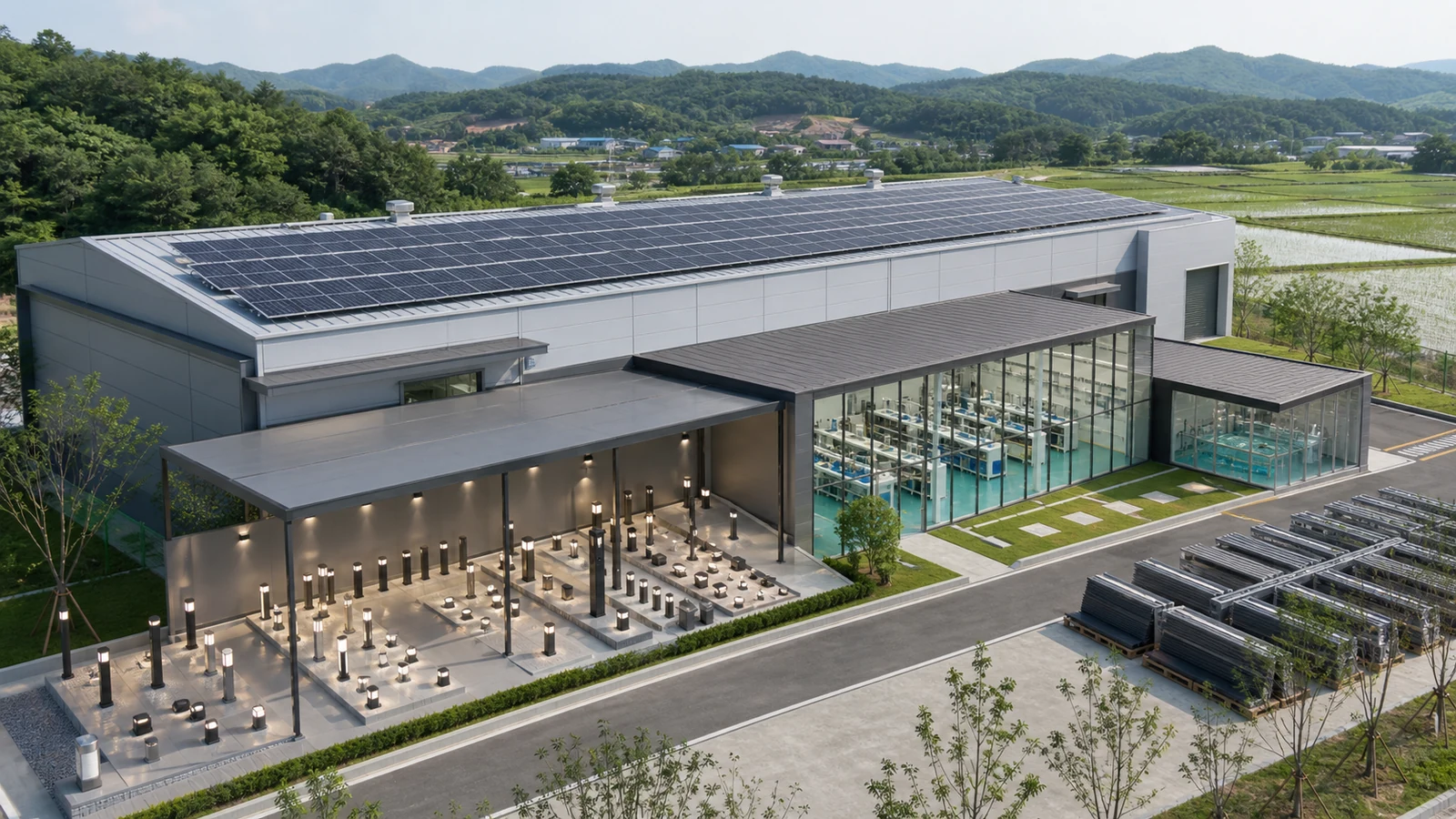 부여군 은산면 충의로622번길 13 LED 경관조명기구 공장 지붕 태양광 설치 검토용 AI 제작 이미지